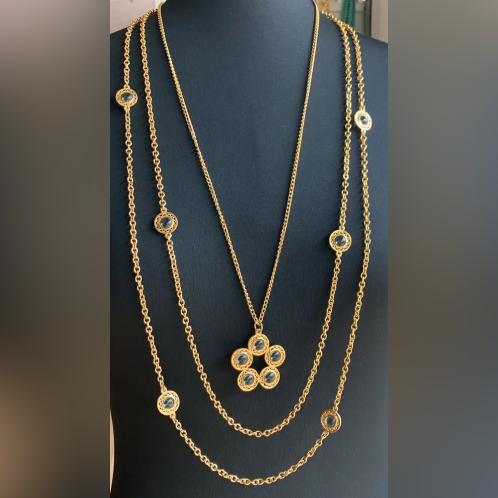 Celebrity Signed Vintage Gold Smokey Quartz Glass 3 Strand Long Necklace